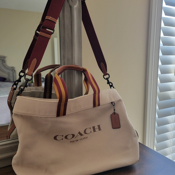 Coach Handbags - Coach Beige and Burgundy Canvas Tote Bag 38. SOLD OUT ONLINE. New Without Tags.